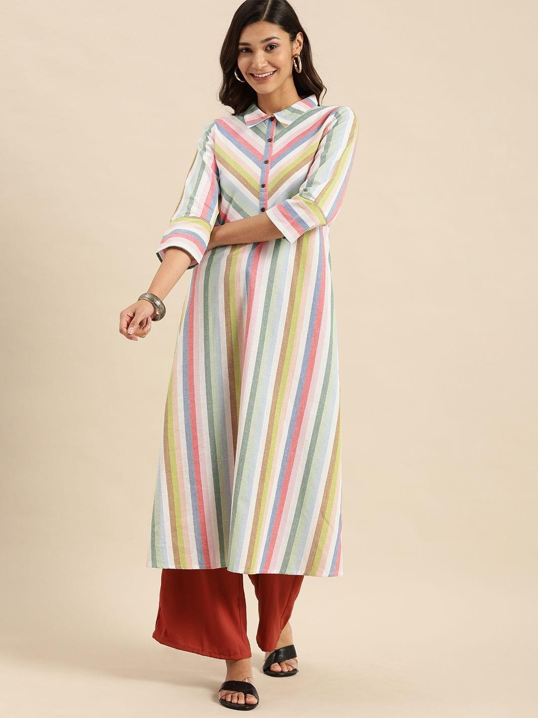 Multicoloured Striped Bell Sleeves Kurta - Indiakreations