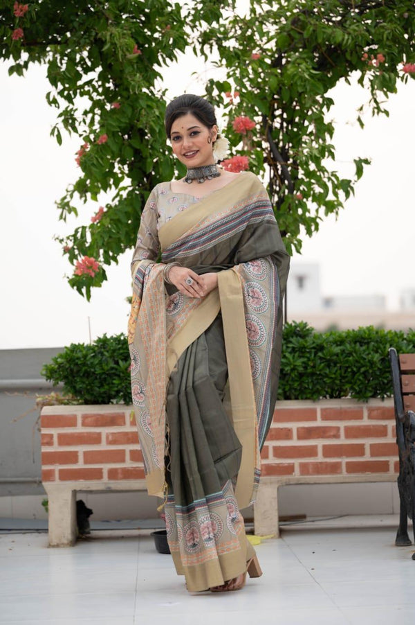 Women's Banarasi Tussar Print Saree In Grey - Rujave - Indiakreations