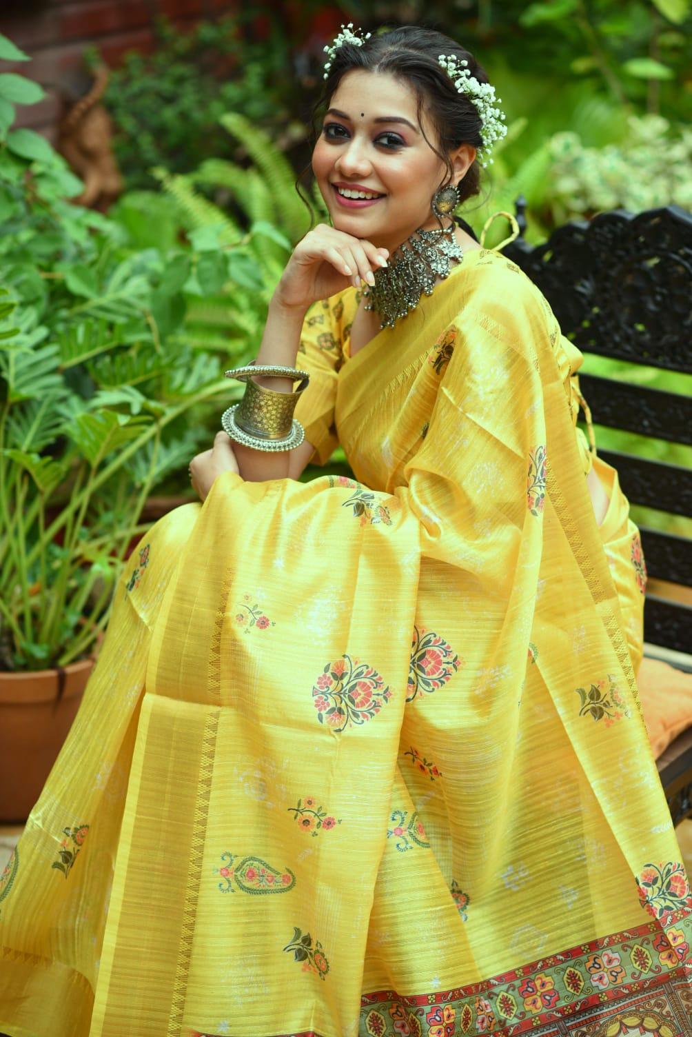 Women's Tussar Silk With Banarasi Saree In Yellow - Rujave - Indiakreations