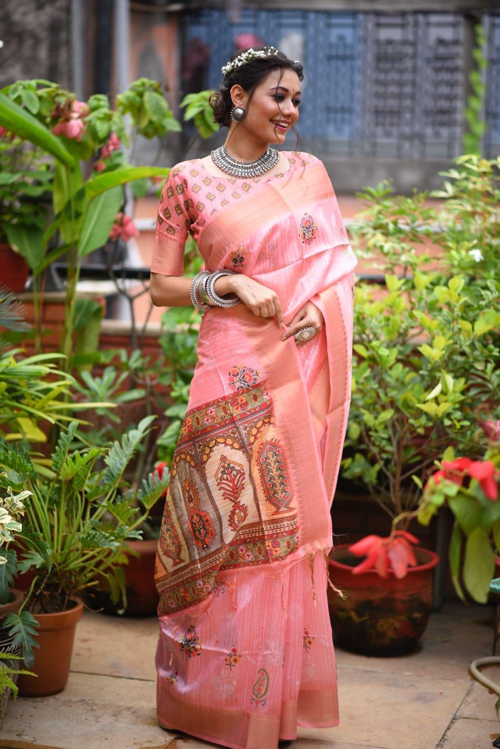 Women's Tussar Silk With Banarasi Saree In Rani - Rujave - Indiakreations