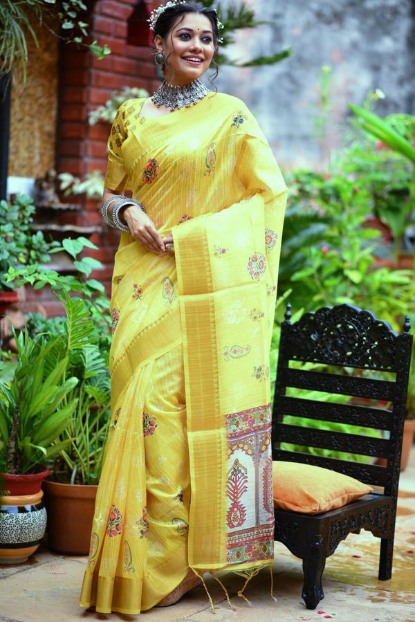 Women's Tussar Silk With Banarasi Saree In Yellow - Rujave - Indiakreations