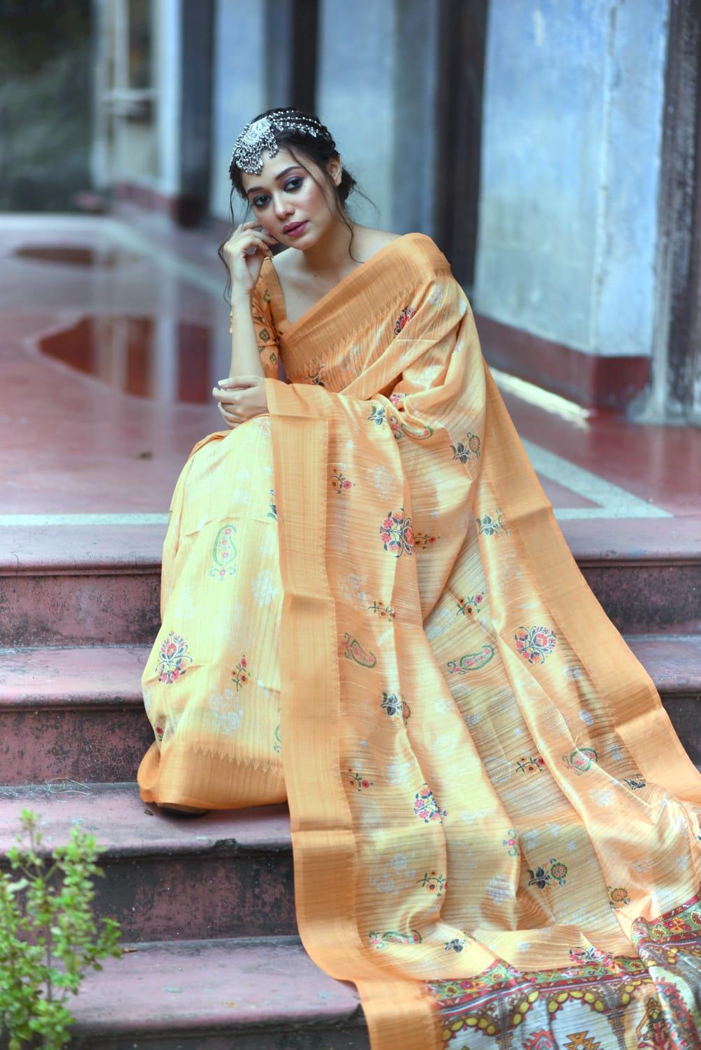 Women's Tussar Silk With Banarasi Saree In Orange - Rujave - Indiakreations