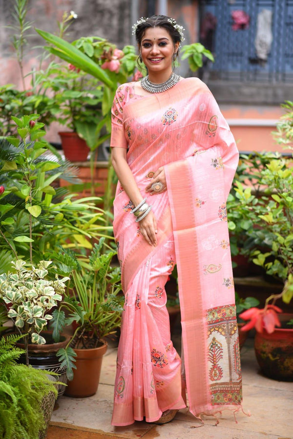 Women's Tussar Silk With Banarasi Saree In Rani - Rujave - Indiakreations