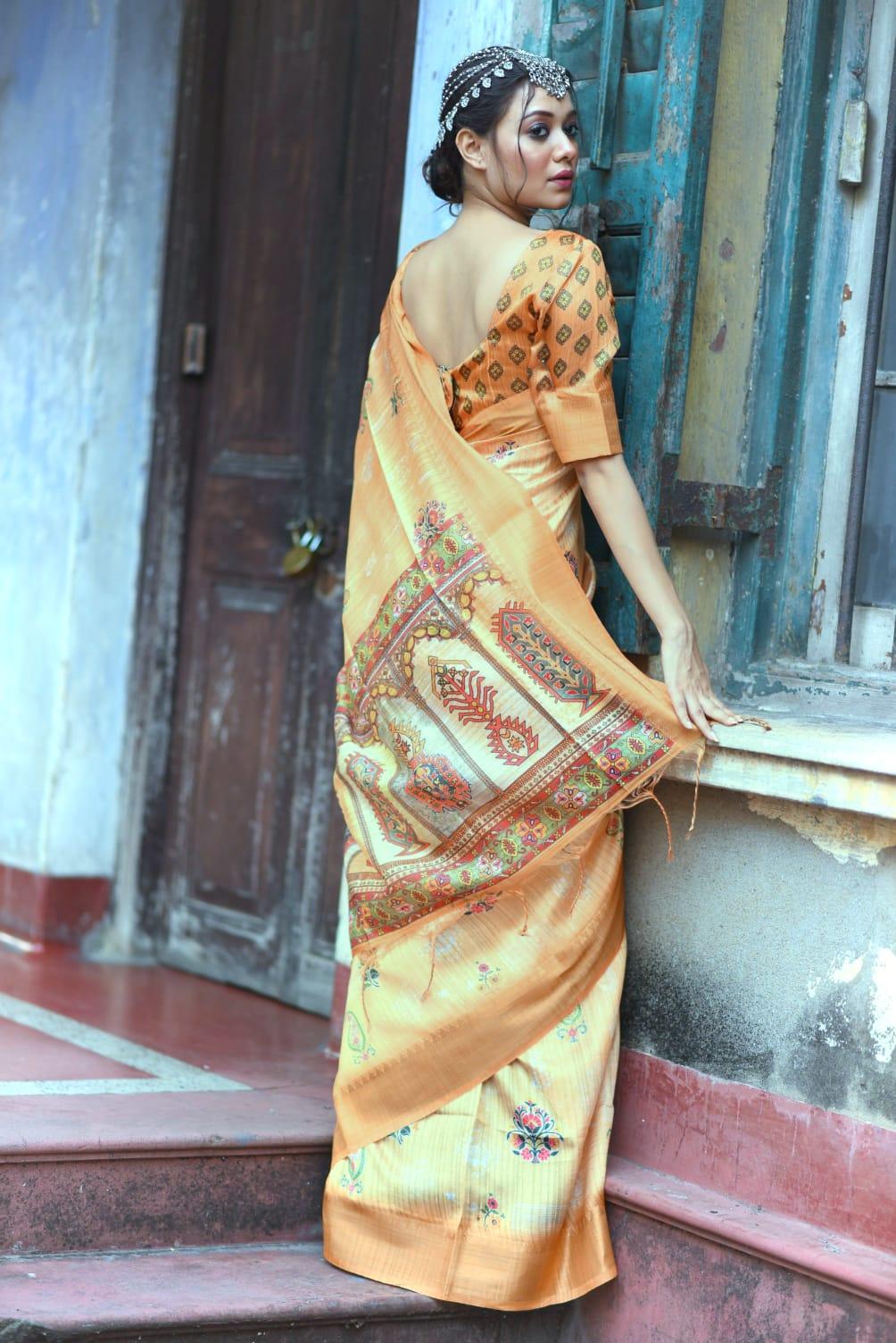 Women's Tussar Silk With Banarasi Saree In Orange - Rujave - Indiakreations