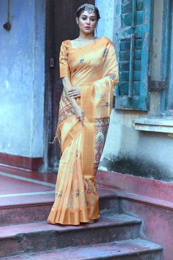 Women's Tussar Silk With Banarasi Saree In Orange - Rujave - Indiakreations