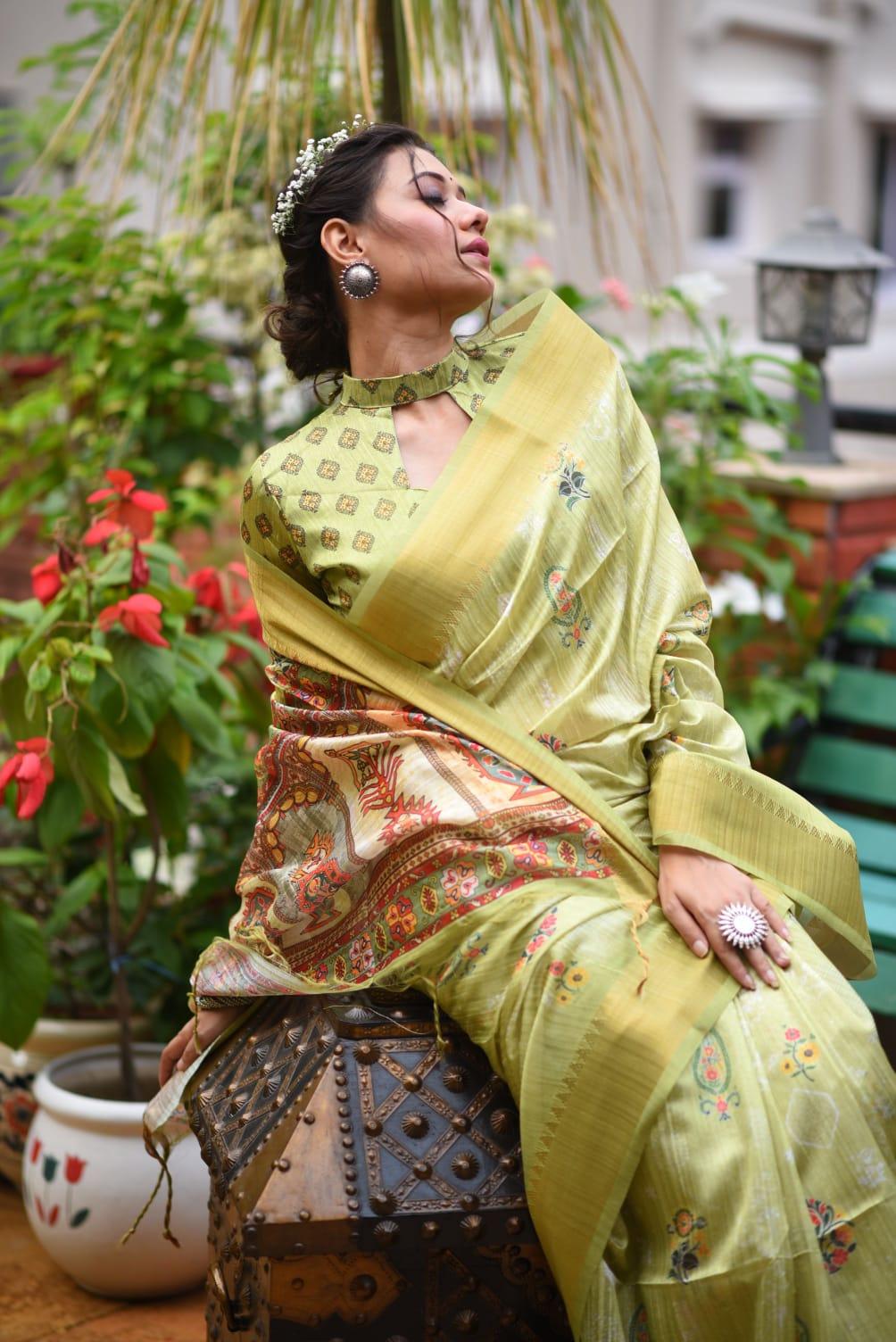 Women's Tussar Silk With Banarasi Saree In Yellow - Rujave - Indiakreations