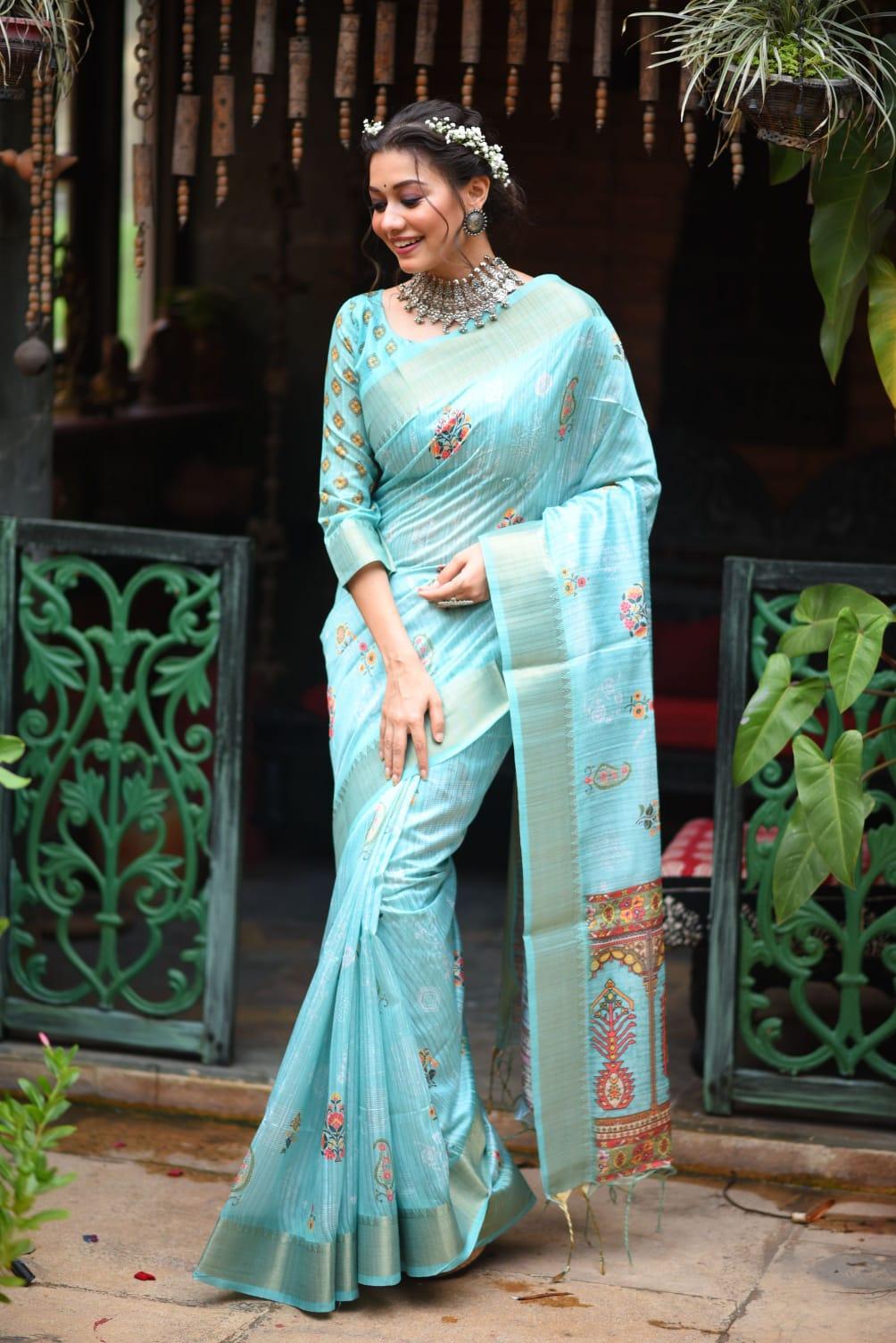 Women's Tussar Silk With Banarasi Saree In Sky Blue - Rujave - Indiakreations