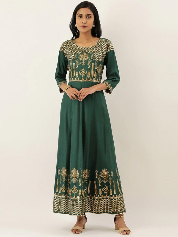 Green & Gold-Toned Printed A-Line Kurta - Indiakreations