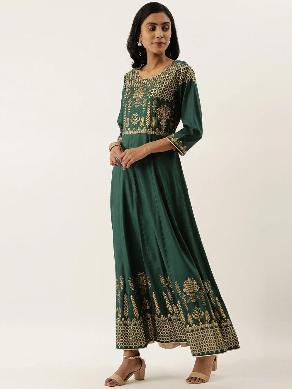 Green & Gold-Toned Printed A-Line Kurta - Indiakreations