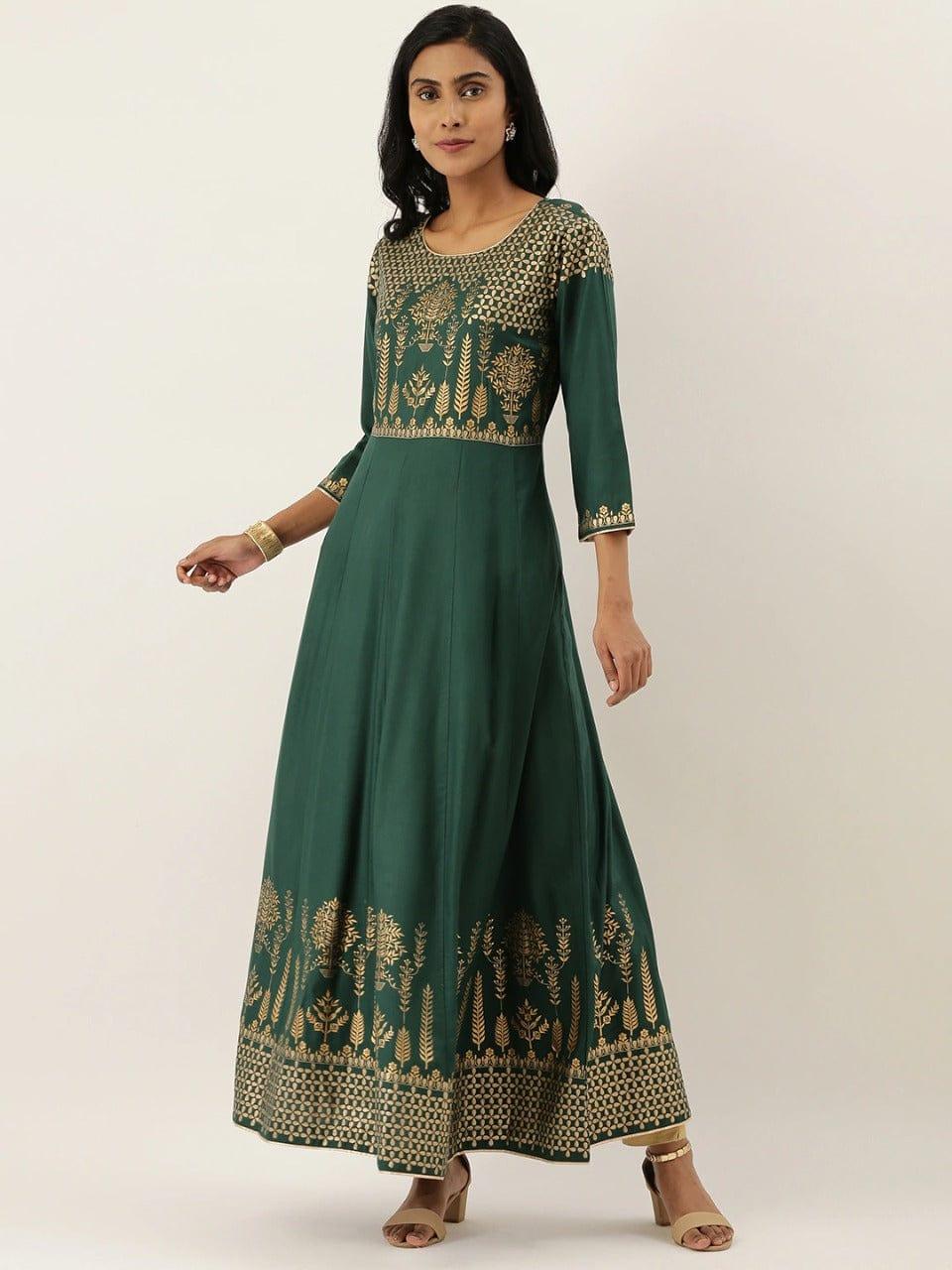 Green & Gold-Toned Printed A-Line Kurta - Indiakreations