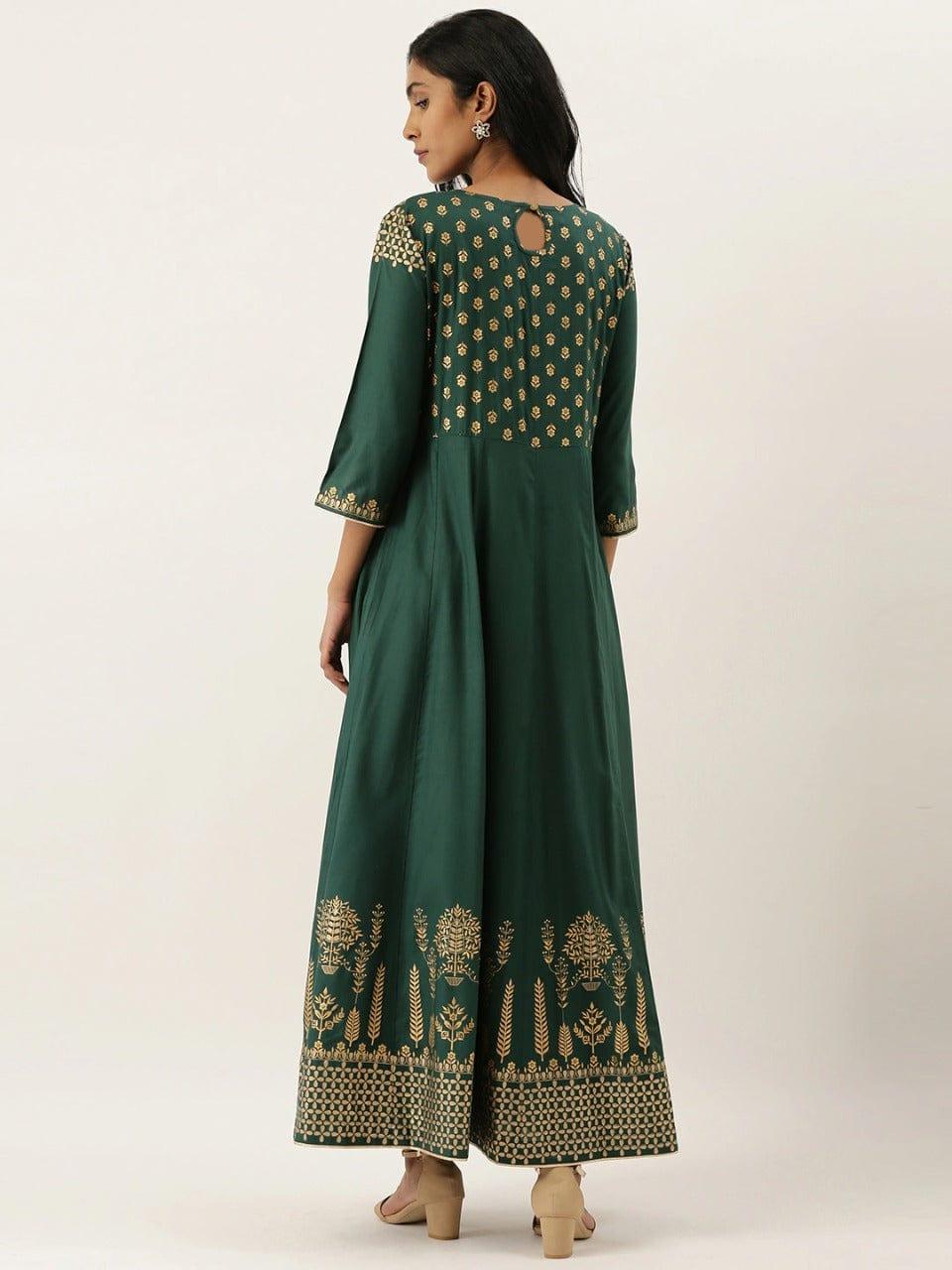 Green & Gold-Toned Printed A-Line Kurta - Indiakreations