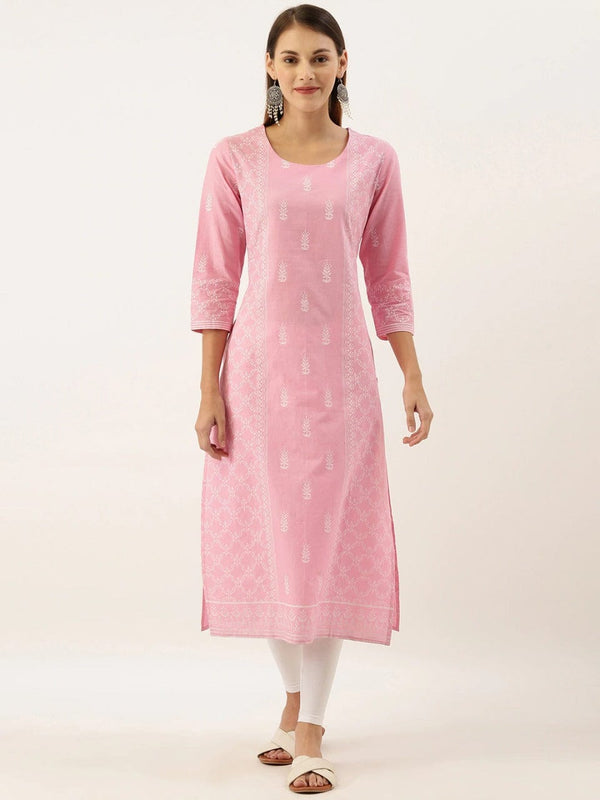 Women's Pink & White Printed Straight Kurta - Varanga