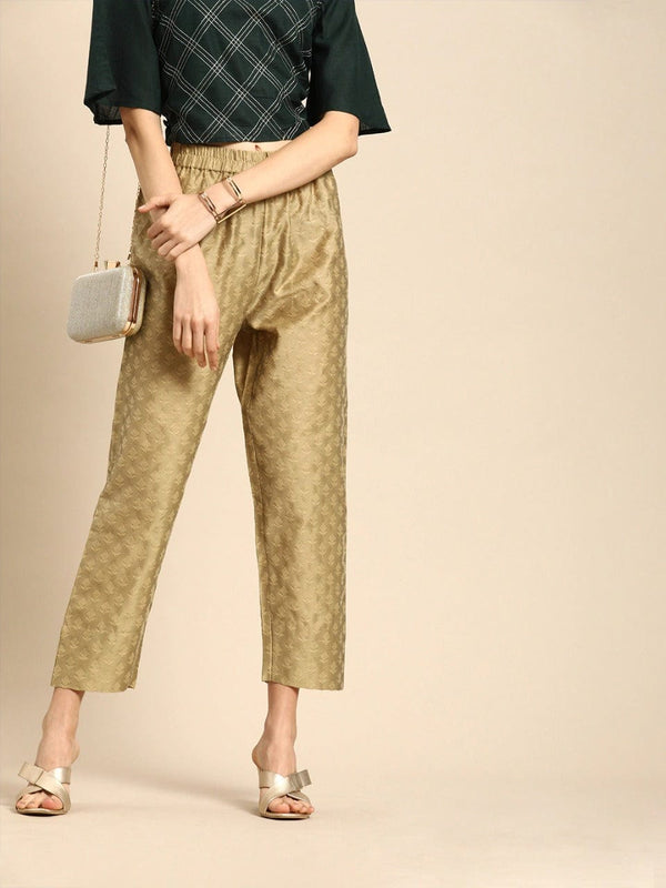 Women's Golden & Beige Regular Fit Woven Design Cropped Regular Trousers - Varanga