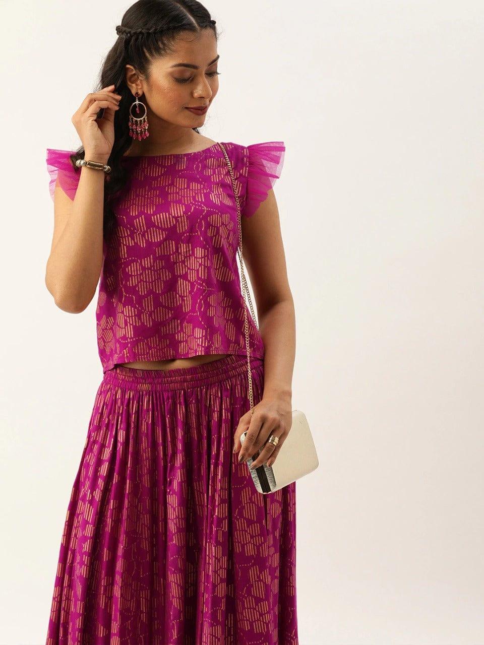 Pink & Gold-Toned Printed Top with Skirt - Indiakreations