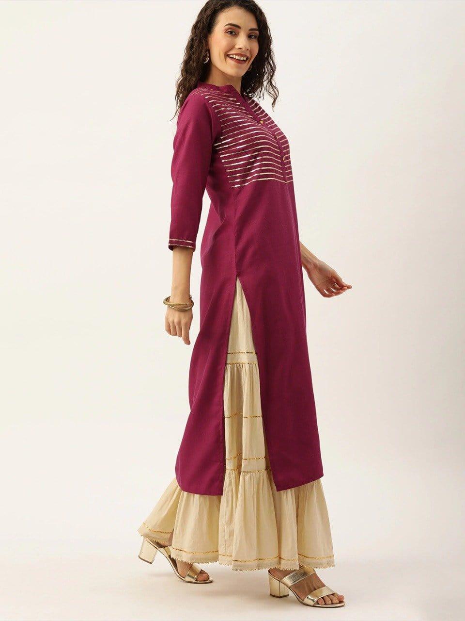 Magenta & Gold-Toned Yoke Design Straight Kurta - Indiakreations