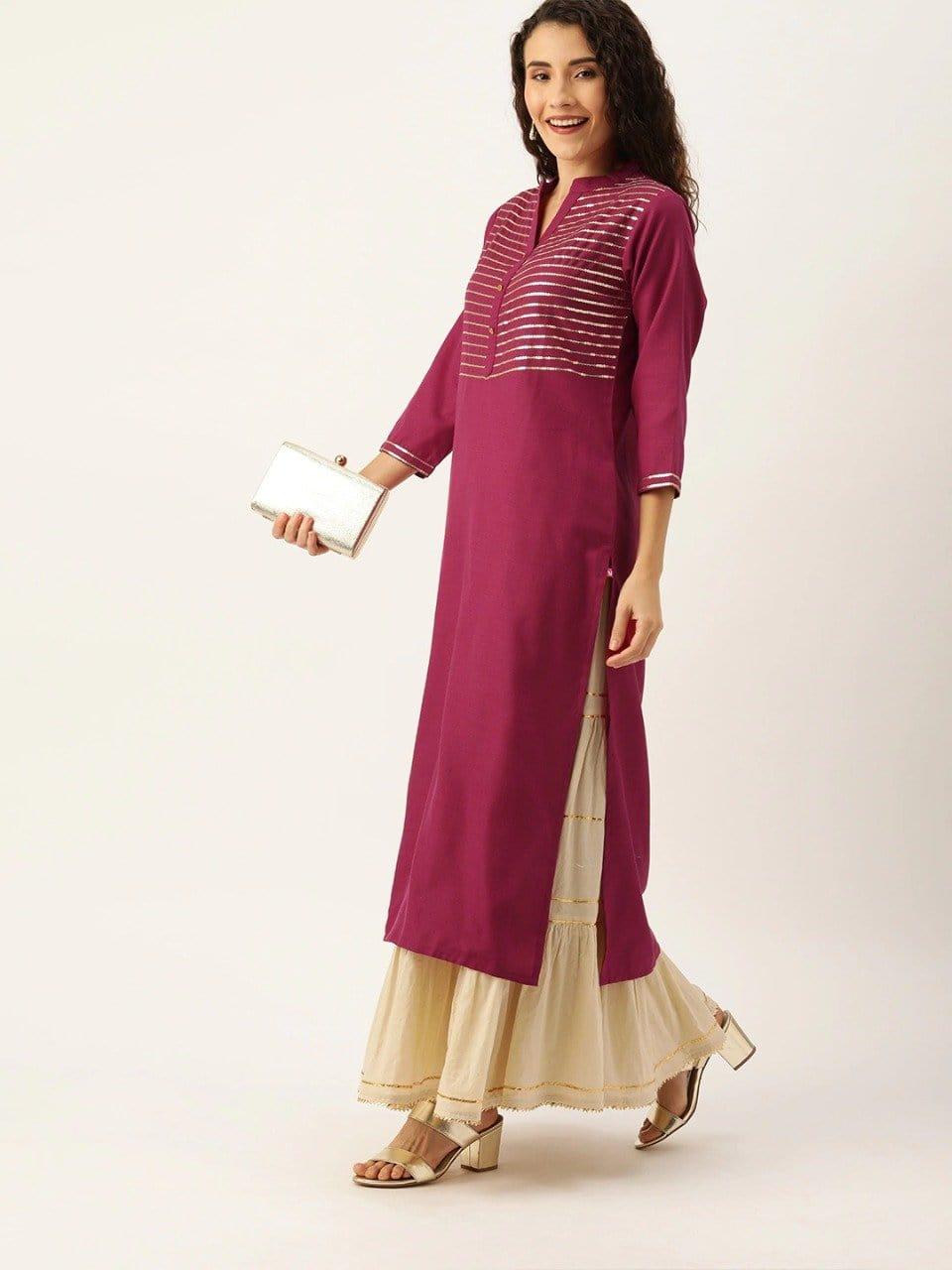 Magenta & Gold-Toned Yoke Design Straight Kurta - Indiakreations