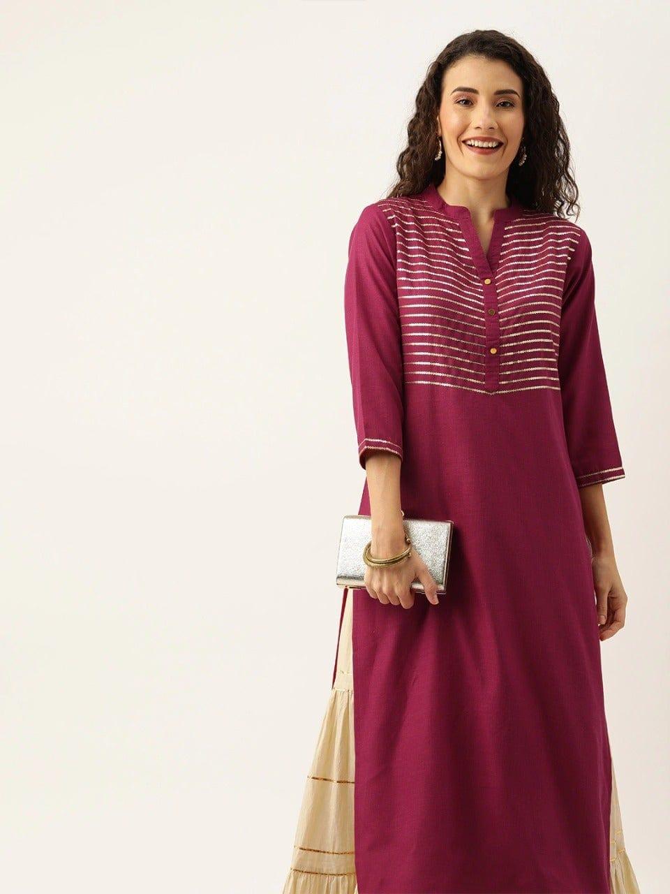 Magenta & Gold-Toned Yoke Design Straight Kurta - Indiakreations