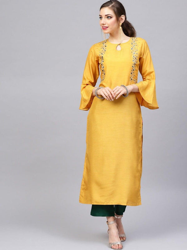 Varanga Mustard & Green Embroidered Kurta with Palazzos - Indiakreations