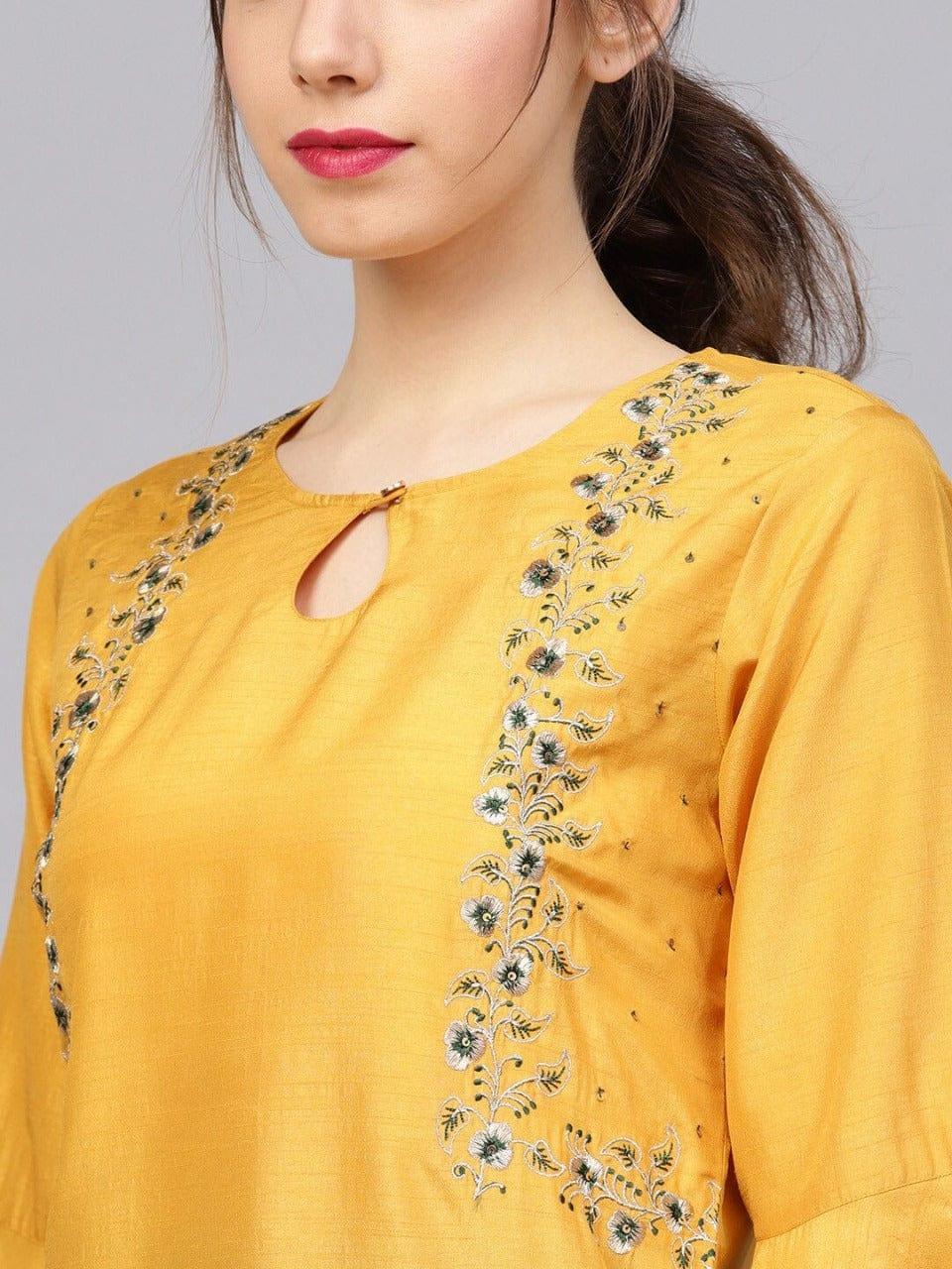 Varanga Mustard & Green Embroidered Kurta with Palazzos - Indiakreations