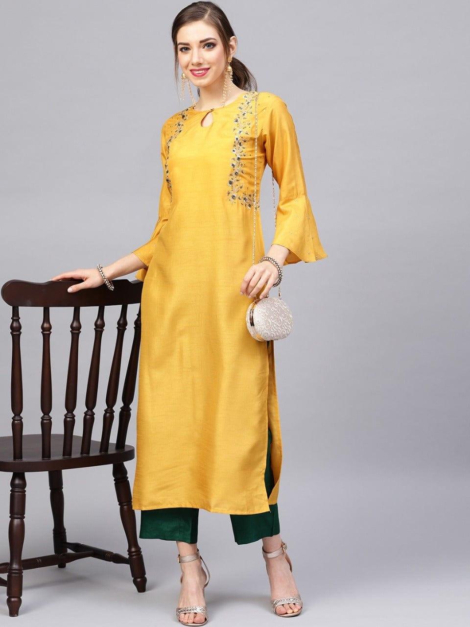 Varanga Mustard & Green Embroidered Kurta with Palazzos - Indiakreations