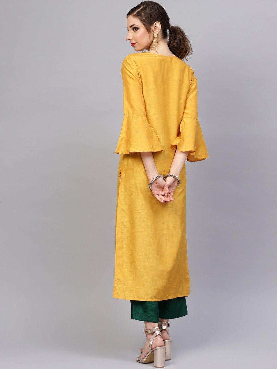 Varanga Mustard & Green Embroidered Kurta with Palazzos - Indiakreations