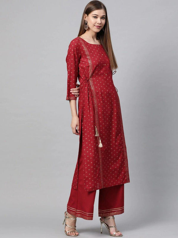 Varanga Maroon Ethnic Motifs Printed Kurta with Palazzos - Indiakreations