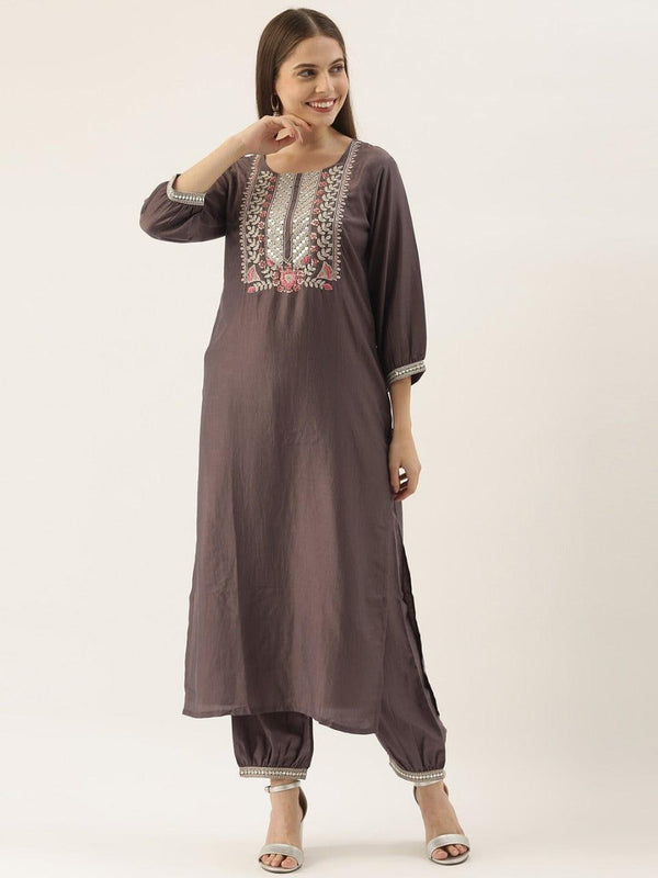 Varanga Grey Embroidered Kurta with Palazzos - Indiakreations