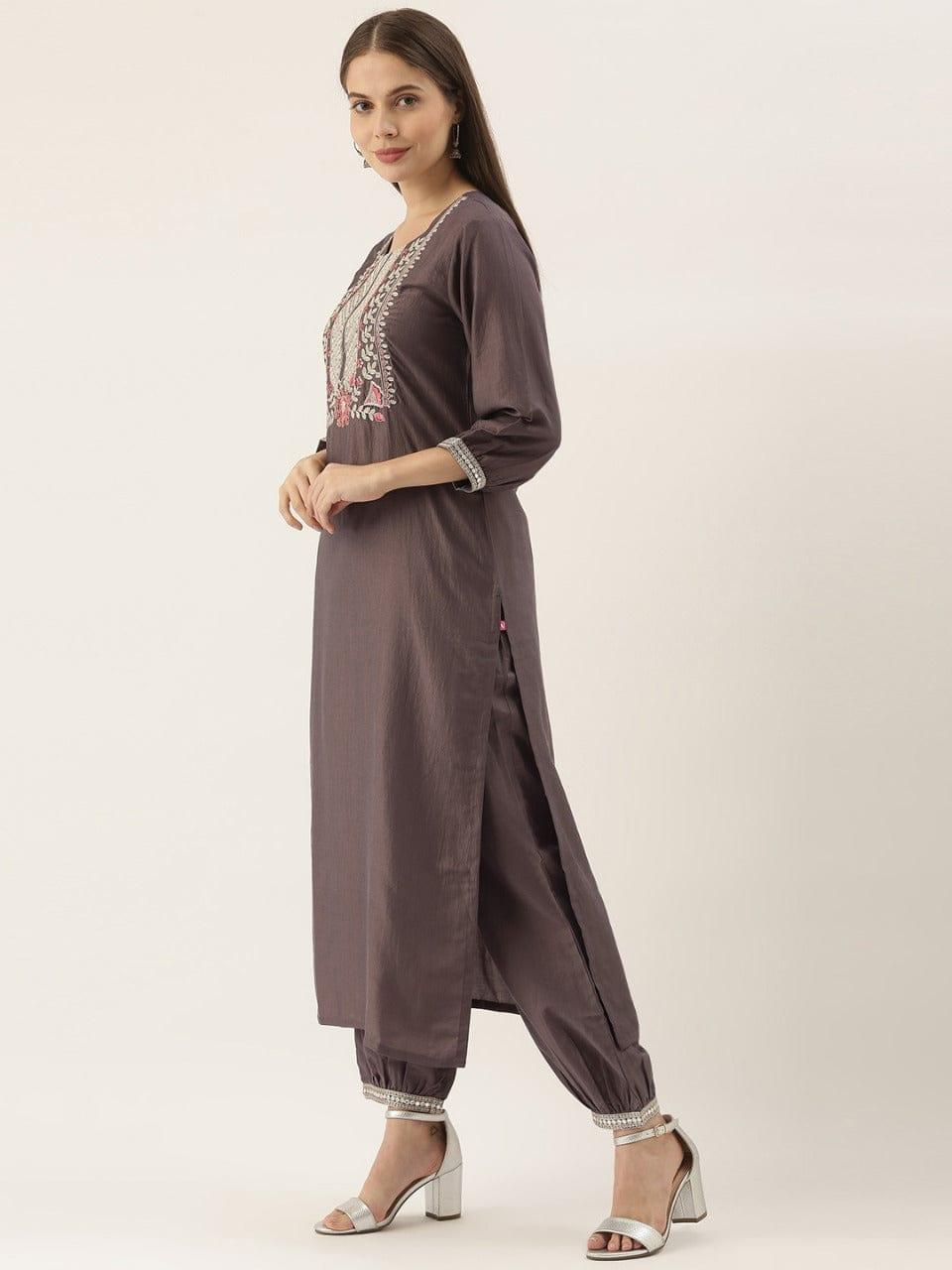 Varanga Grey Embroidered Kurta with Palazzos - Indiakreations