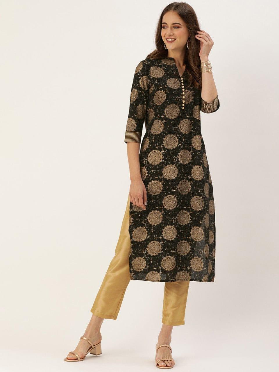 Varanga Black & Gold-Toned Ethnic Motifs Printed Kurta - Indiakreations