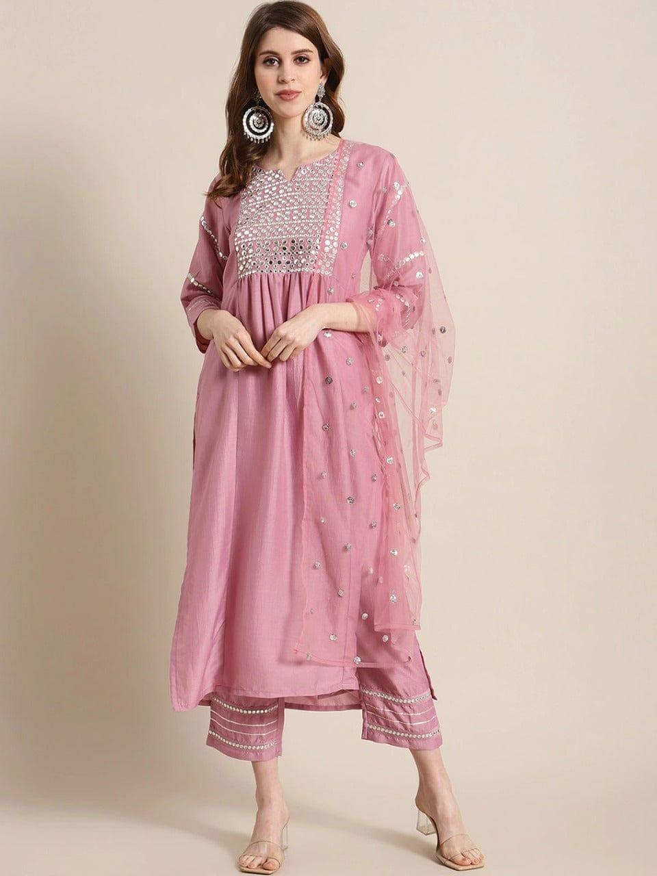 Varanga Pink & Silver-Toned Yoke Design Kurta with Palazzos & Dupatta - Indiakreations