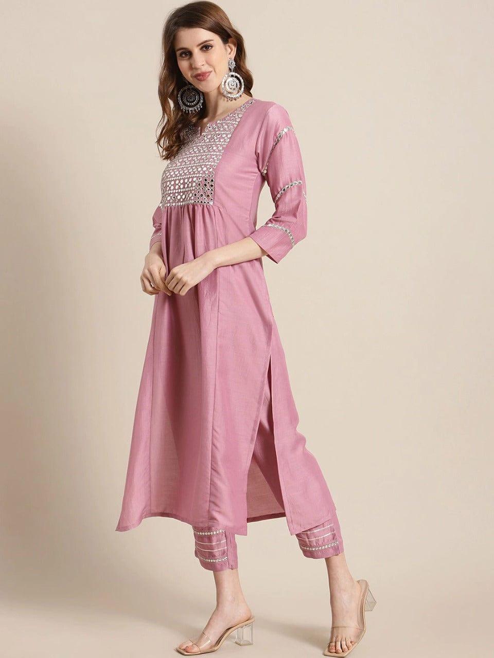 Varanga Pink & Silver-Toned Yoke Design Kurta with Palazzos & Dupatta - Indiakreations