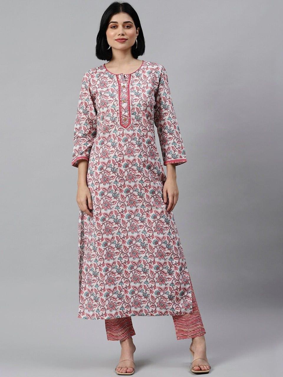 Ksut Women White Printed Kurti with Trousers - Indiakreations