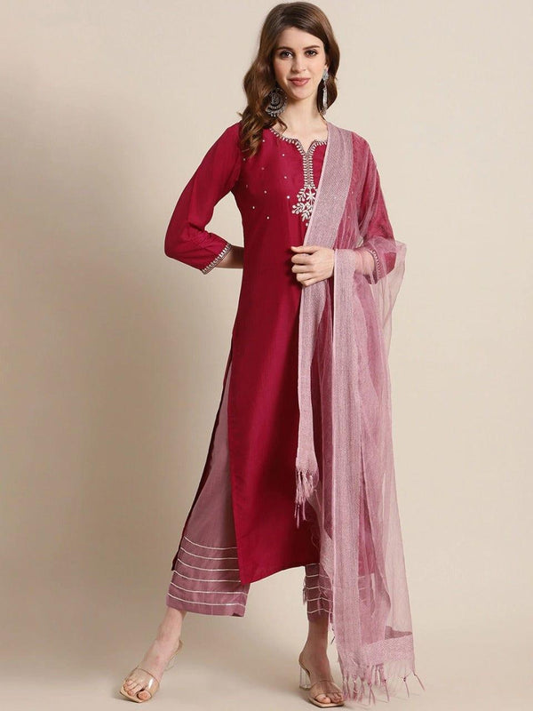 Varanga Maroon & Mauve Yoke Design Kurta with Trousers & Dupatta - Indiakreations