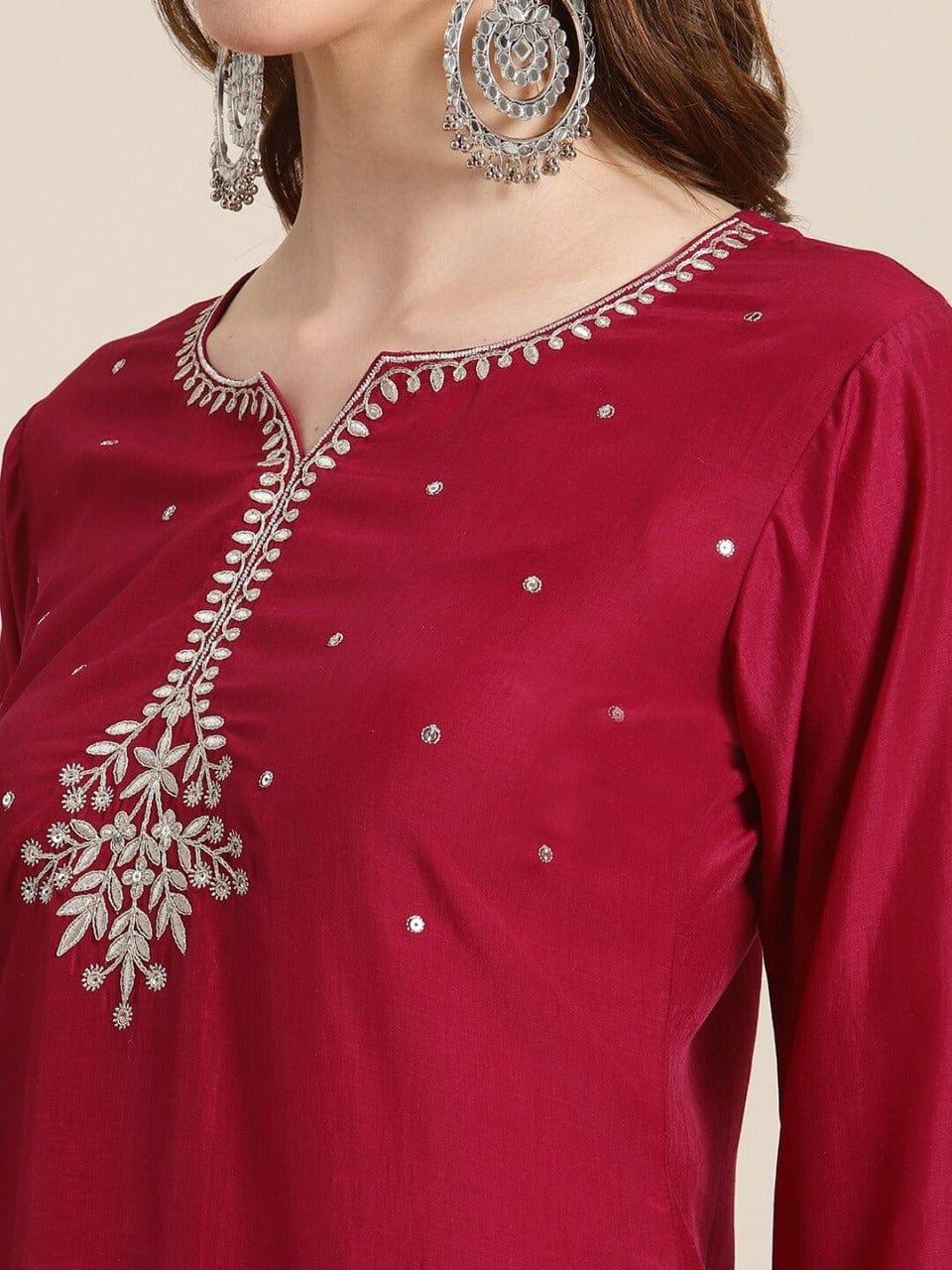 Varanga Maroon & Mauve Yoke Design Kurta with Trousers & Dupatta - Indiakreations