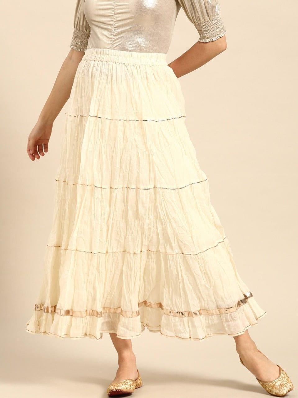 Varanga Off-White Solid Maxi Tiered Skirt with Gotta Patti Detail - Indiakreations