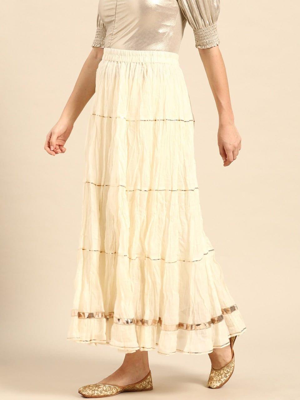 Varanga Off-White Solid Maxi Tiered Skirt with Gotta Patti Detail - Indiakreations