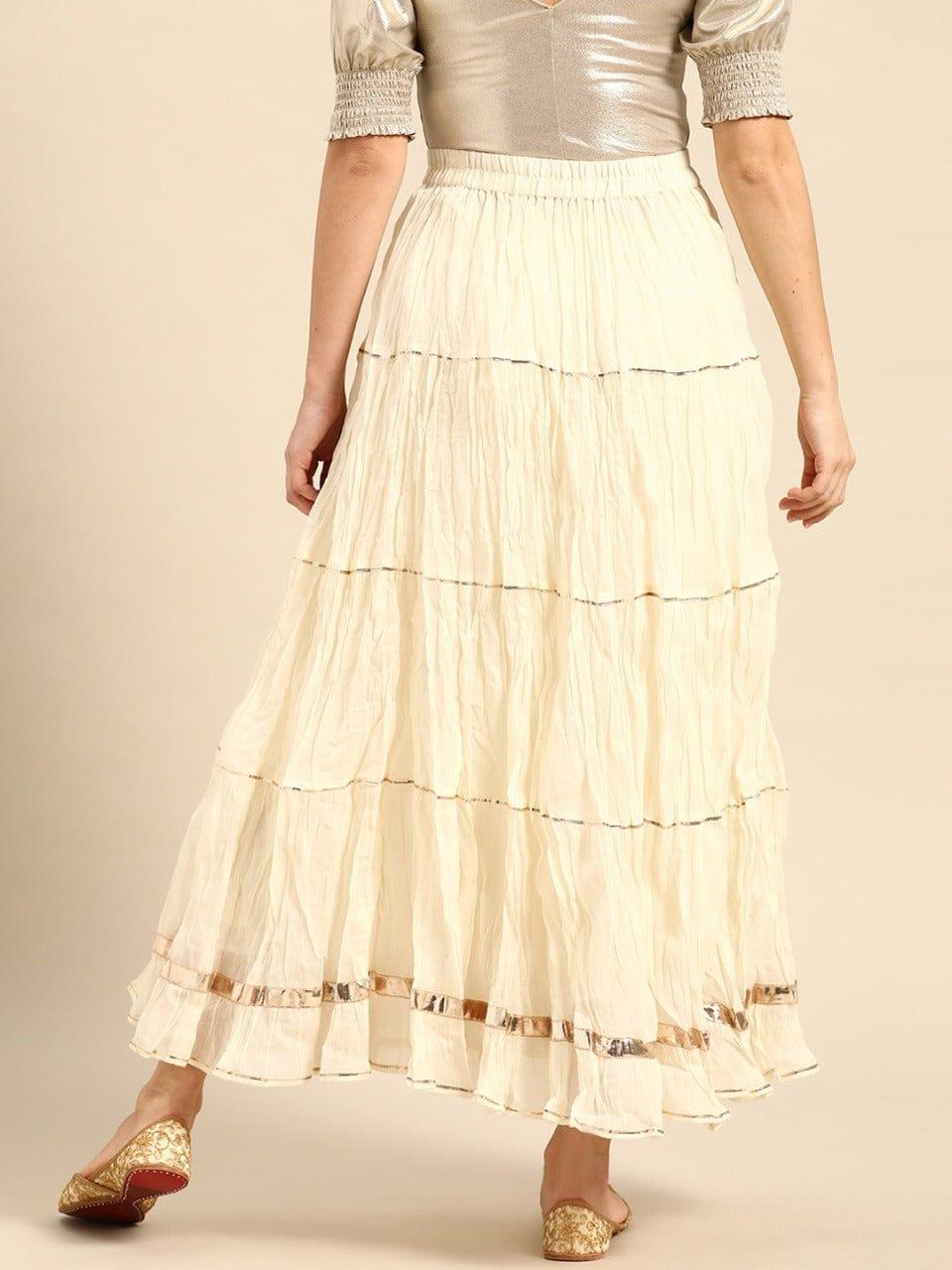 Varanga Off-White Solid Maxi Tiered Skirt with Gotta Patti Detail - Indiakreations