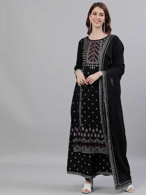 Women Black Rayon A-Line Kurta with Palazzo & Dupatta by Ishin (3pcs Set) - Indiakreations