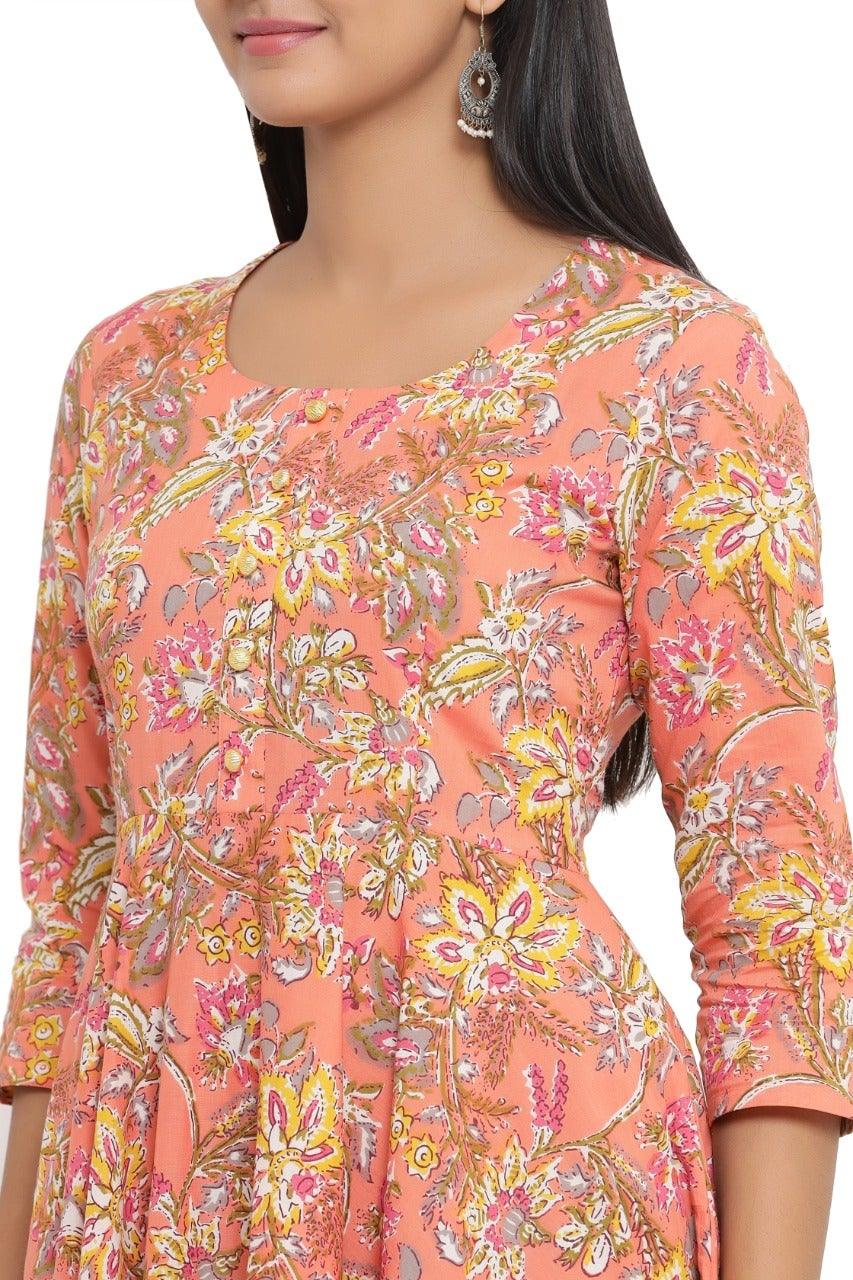 Women's Floral Print Pure Cotton Anarkali Kurta (Orange) - Noz2Toz - Indiakreations