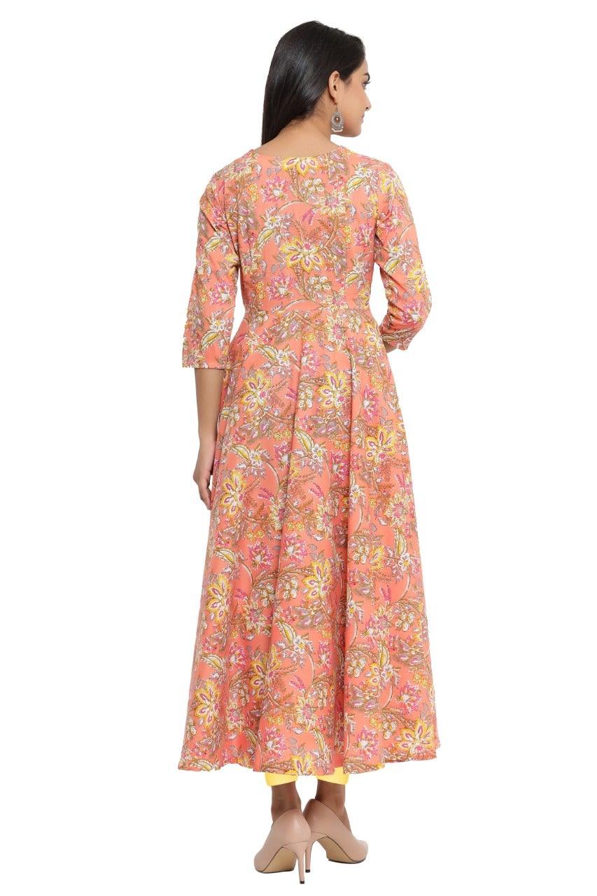 Women's Floral Print Pure Cotton Anarkali Kurta (Orange) - Noz2Toz - Indiakreations