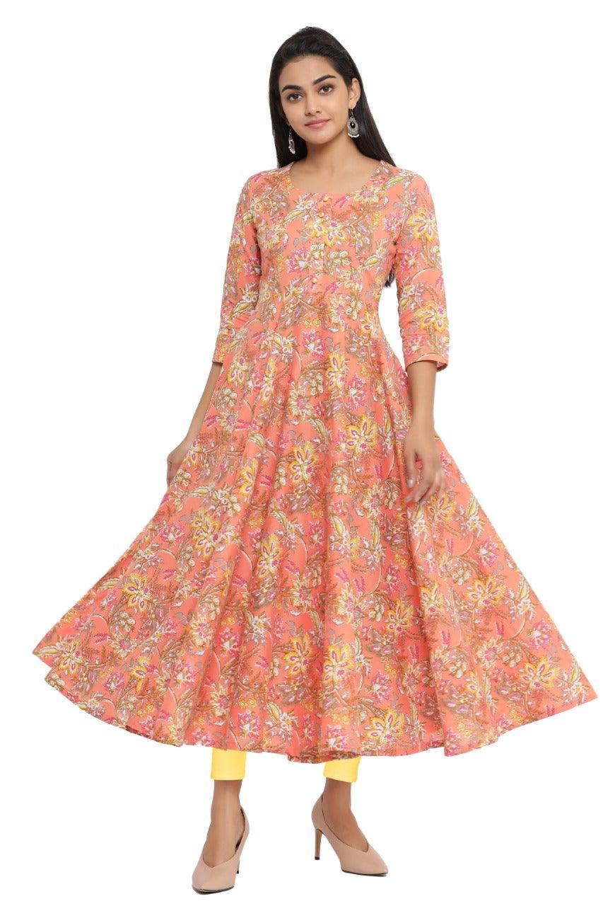 Women's Floral Print Pure Cotton Anarkali Kurta (Orange) - Noz2Toz - Indiakreations