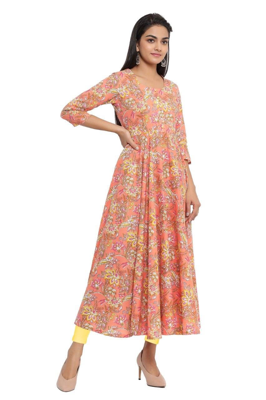 Women's Floral Print Pure Cotton Anarkali Kurta (Orange) - Noz2Toz - Indiakreations