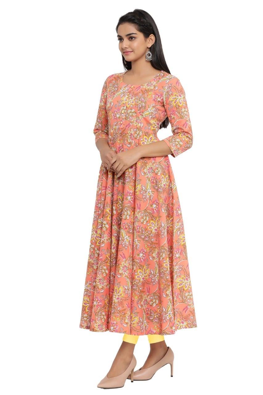 Women's Floral Print Pure Cotton Anarkali Kurta (Orange) - Noz2Toz - Indiakreations