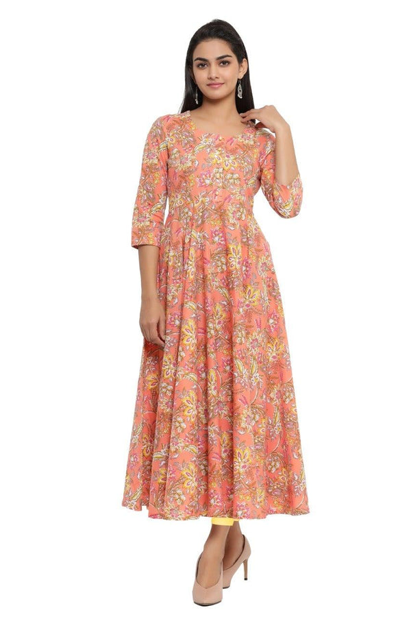 Women's Floral Print Pure Cotton Anarkali Kurta (Orange) - Noz2Toz - Indiakreations