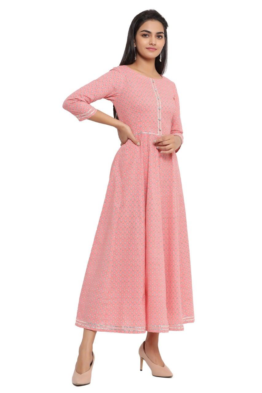 Women's Floral Print Pure Cotton Anarkali Kurta (Pink) - NOZ2TOZ - Indiakreations