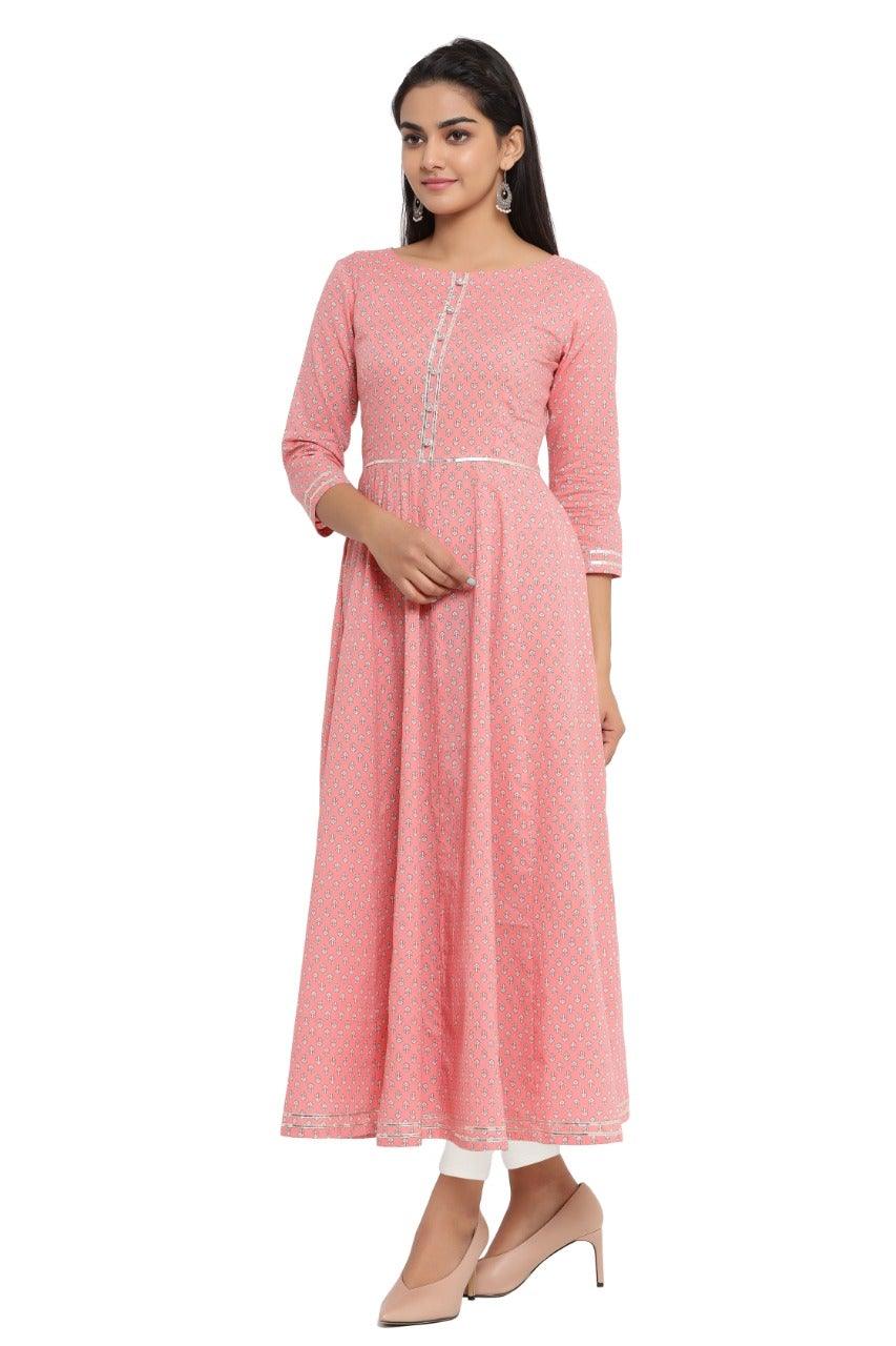 Women's Floral Print Pure Cotton Anarkali Kurta (Pink) - NOZ2TOZ - Indiakreations