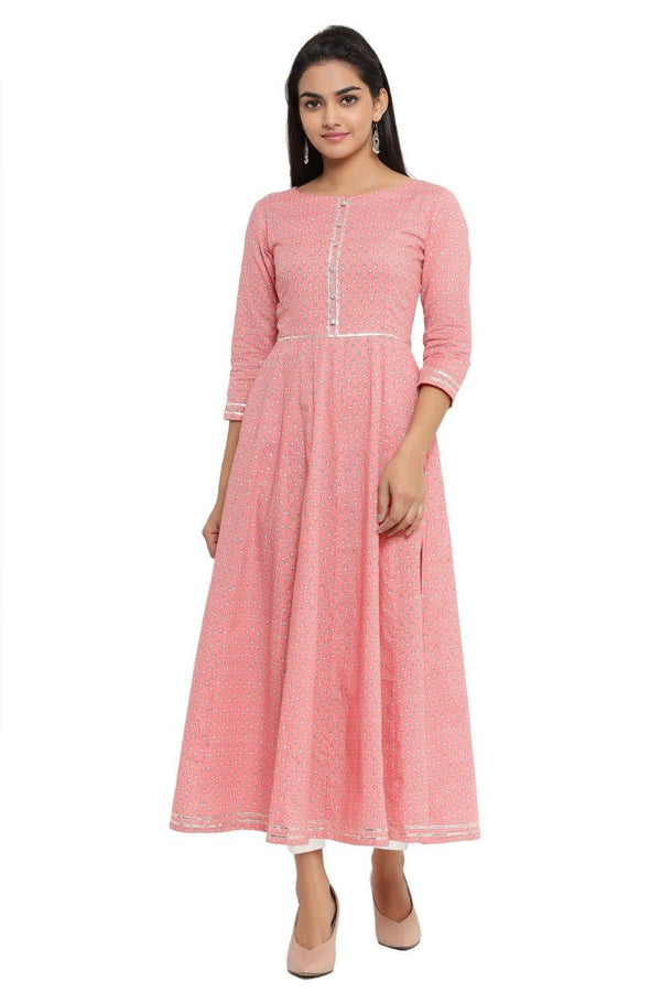 Women's Floral Print Pure Cotton Anarkali Kurta (Pink) - NOZ2TOZ - Indiakreations