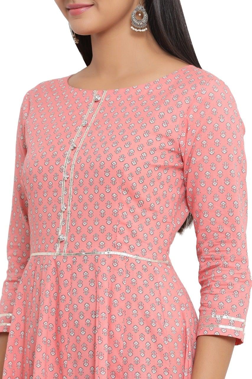 Women's Floral Print Pure Cotton Anarkali Kurta (Pink) - NOZ2TOZ - Indiakreations