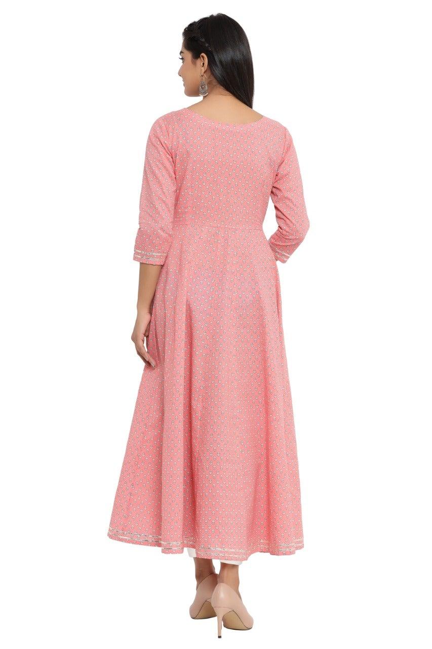 Women's Floral Print Pure Cotton Anarkali Kurta (Pink) - NOZ2TOZ - Indiakreations