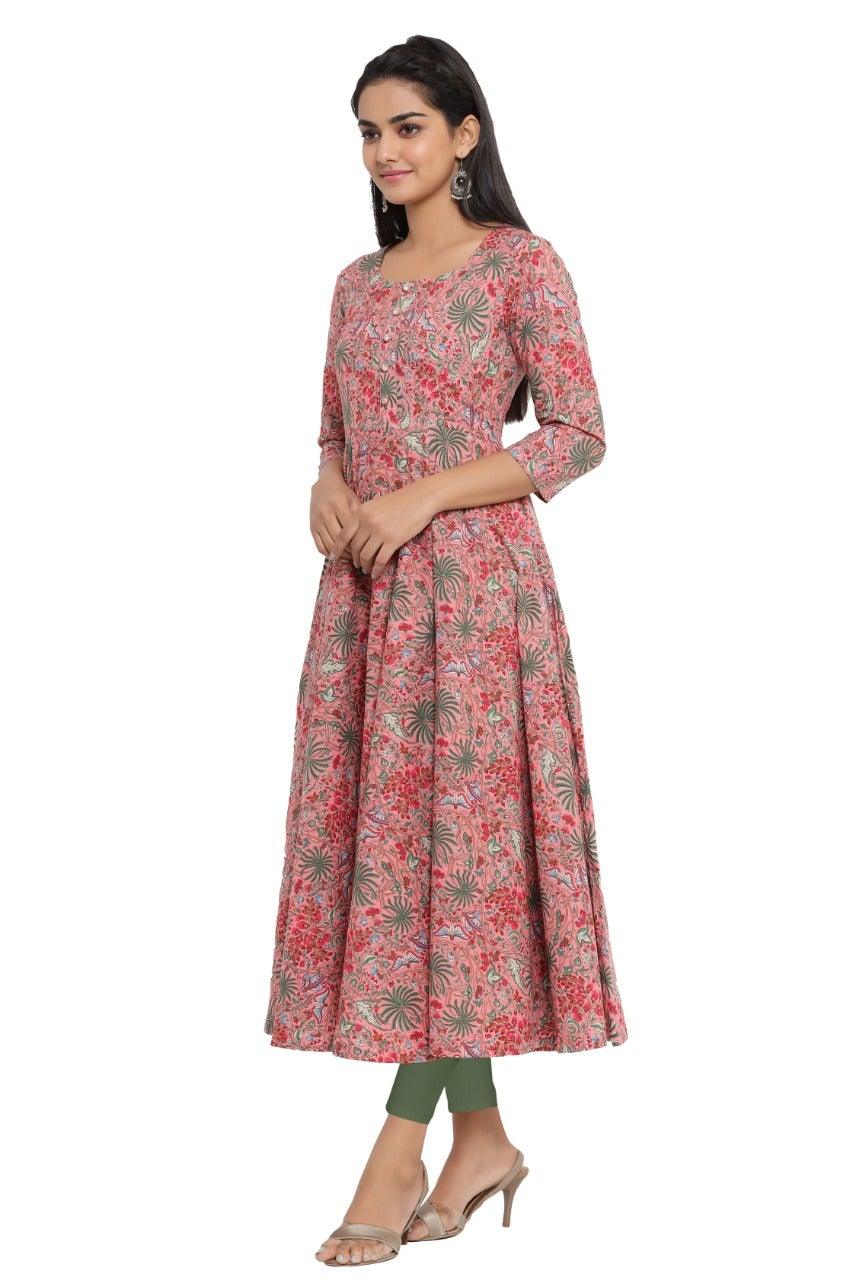 Women's Floral Print Pure Cotton Anarkali Kurta (Pink) - Noz2Toz - Indiakreations